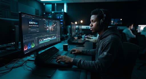 A young student wearing studio headphones edits video on a laptop in a dark classroom.